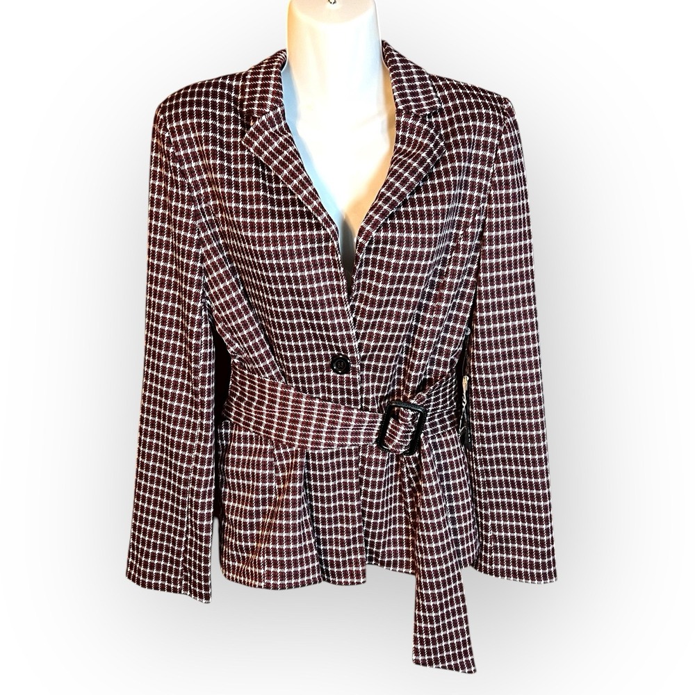 Haute Monde Belted Button Front Jacket Women's Large Burgundy Red Black